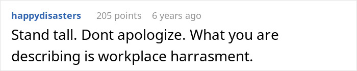 Text post by user happydisasters stating workplace harassment advice in black font on white background.