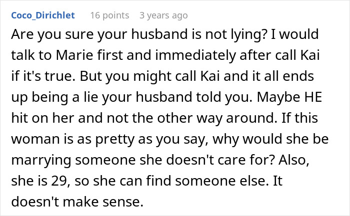 Screenshot of an online comment discussing a woman's suspicion about her husband being a horrible, cheating jerk.