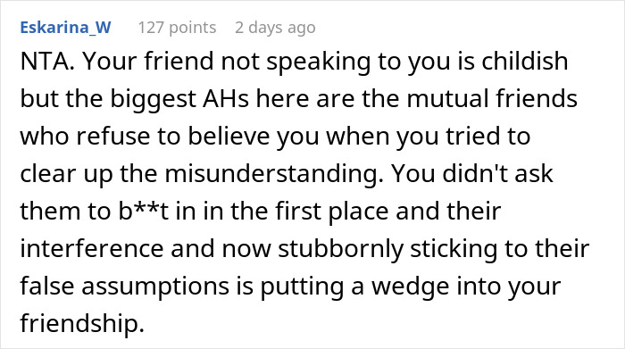 Screenshot of a forum comment discussing a woman buzzing her hair and friends' reactions to assumptions about her hairstyle.