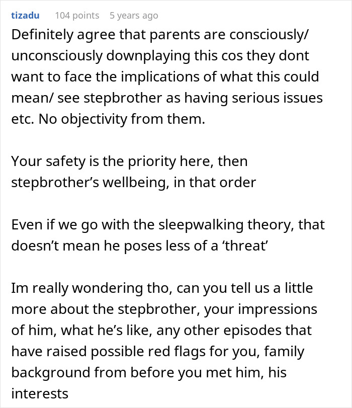 Comment discussing concerns about creepy teen stepbrother cutting step-sister&rsquo;s hair and parental downplaying the issue.