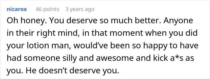 Screenshot of a Reddit comment expressing support for a woman whose husband is a horrible, cheating jerk.