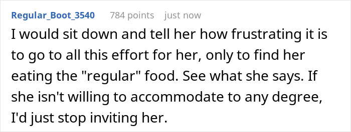 Comment from user Regular_Boot_3540 expressing frustration about a picky eater secretly eating regular food.