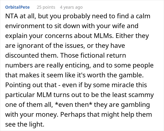 Man discusses wife secretly sending money to sister&rsquo;s pyramid scheme and confronts her with a strong ultimatum.
