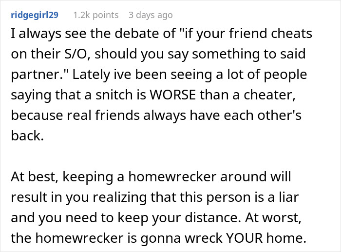 Reddit comment discussing whether to expose a cheater hiding a one night stand from their boyfriend, revealing a horrible secret.