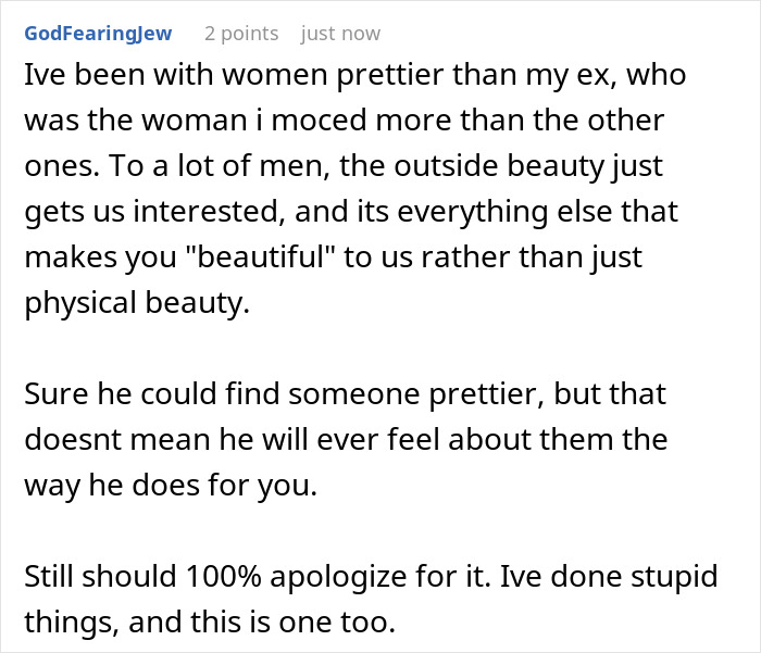 Screenshot of a Reddit comment discussing feelings about downgrading from gorgeous to kind and mentioning ex being model pretty. Screenshot of a Reddit comment discussing feelings about downgrading from gorgeous to kind and mentioning ex being model pretty.