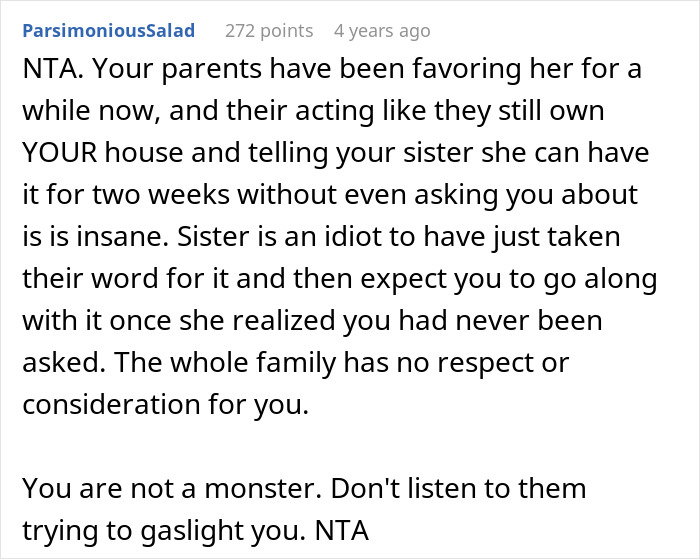 Comment discussing family favoritism and lack of respect, related to uninvited bride expecting honeymoon at sibling’s house. Comment discussing family favoritism and lack of respect, related to uninvited bride expecting honeymoon at sibling’s house.