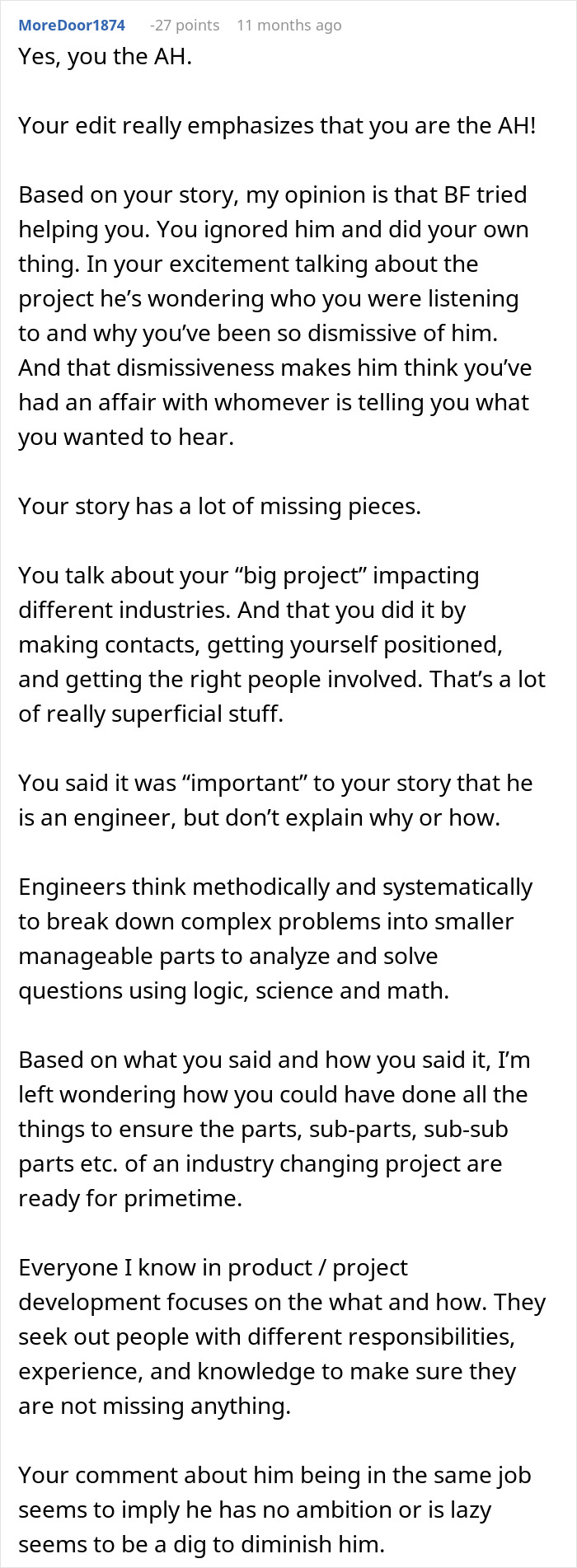 Commenter critiques man dismissing girlfriend&rsquo;s major career milestone and accusing her of sleeping her way to success.