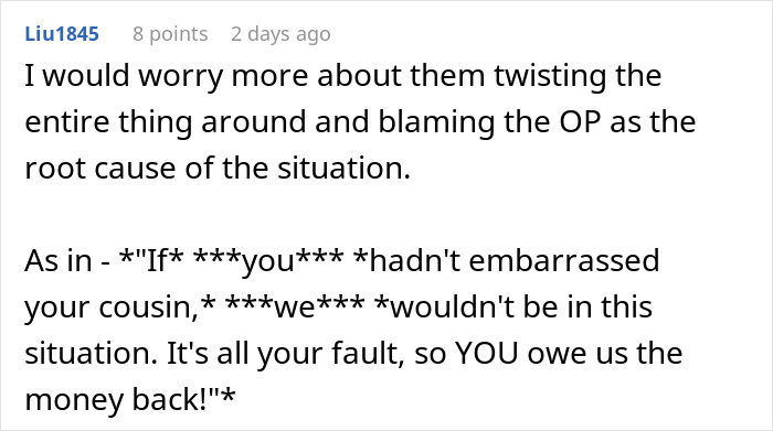 Screenshot of an online comment discussing blame in a family dispute involving jobless 36-year-old and PhD cousin competition.