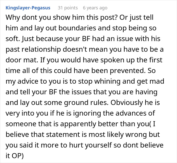 Comment advice on setting boundaries with BF&rsquo;s female friend to improve relationship and avoid regrets.