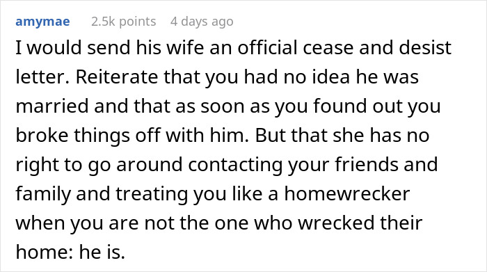 Screenshot of a comment advising sending a cease and desist letter after discovering boyfriend's wife contacts friends about the relationship.
