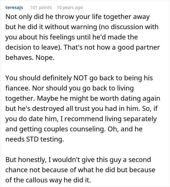 Text excerpt showing advice on regret and broken trust after a man leaves fianc&eacute;e to chase the one that got away.