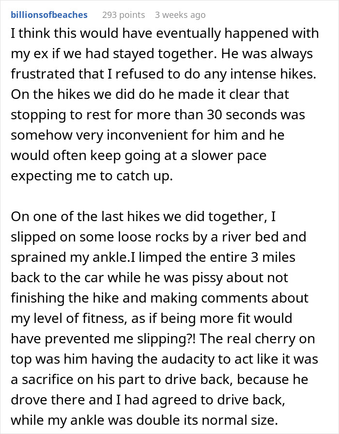 Commenter shares a story about men abandoning partners during outdoor activities like hiking due to frustration and fitness expectations.