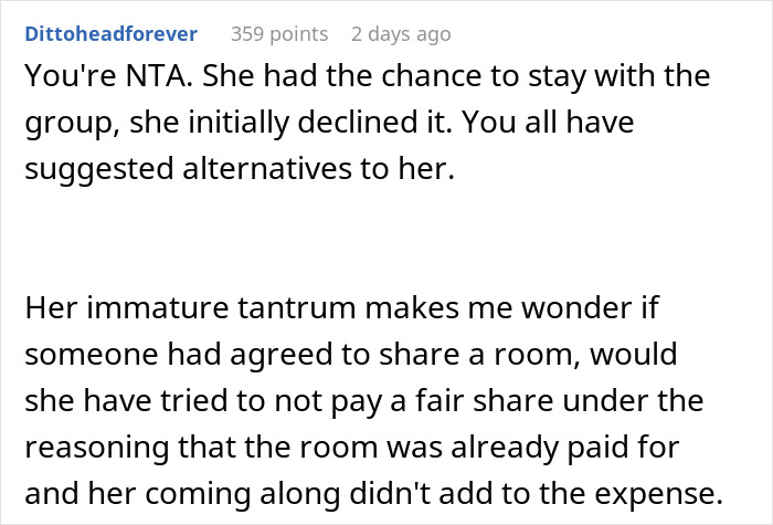 Screenshot of a forum comment discussing a woman furious about friends not wanting to share a room during a vacation.