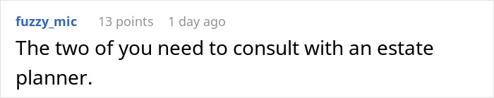Screenshot of a social media comment advising a couple to consult with an estate planner about inheritance issues.