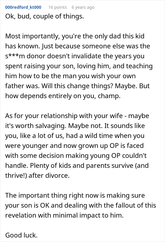 Reddit advice encouraging a dad doubting paternity of his 12-year-old son to focus on parenting and relationship choices.