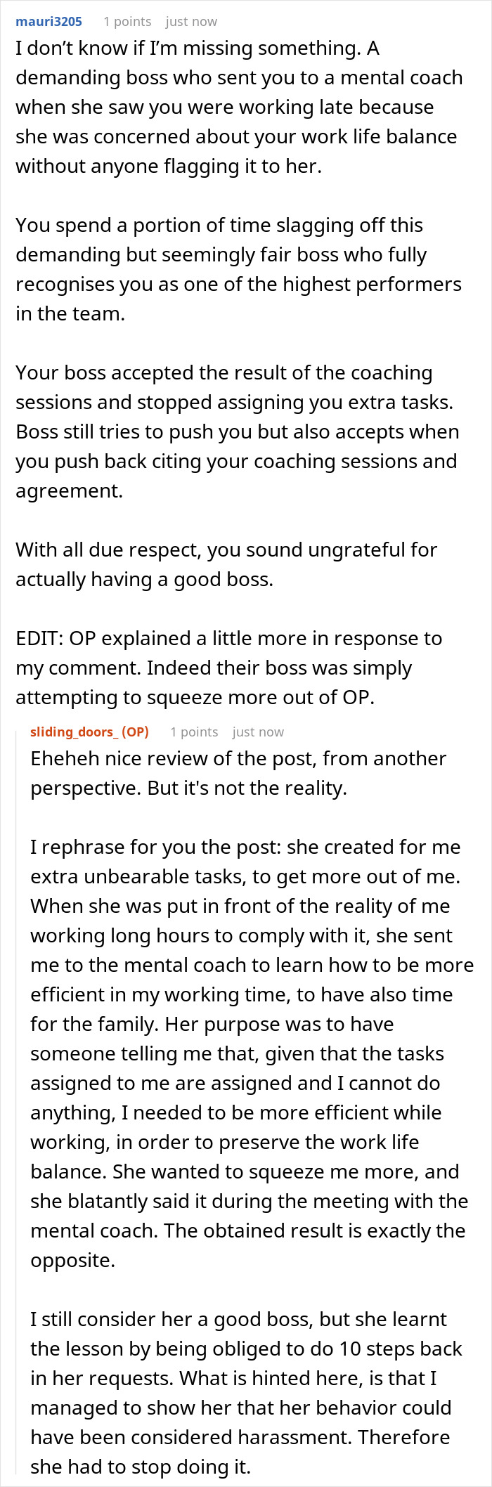 Reddit conversation discussing a cynic boss and employee work-life balance struggles and lessons learned the hard way.