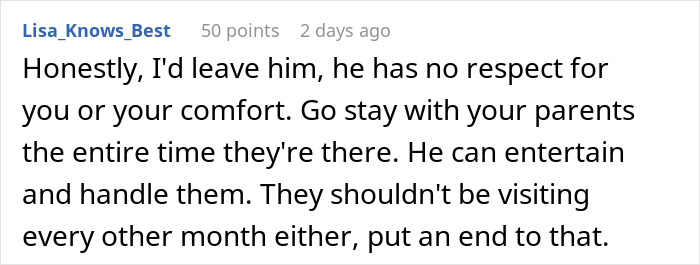 Comment expressing frustration over husband approving family&rsquo;s 6-week stay without consulting wife, causing her to feel hurt and disrespected.