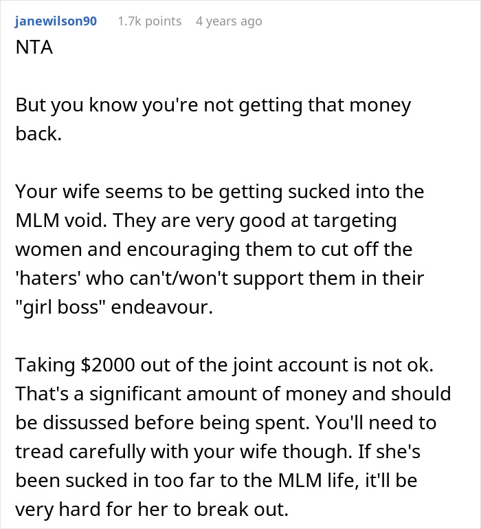 Comment discussing a man discovering his wife secretly sent $2K to sister&rsquo;s pyramid scheme and facing an ultimatum.