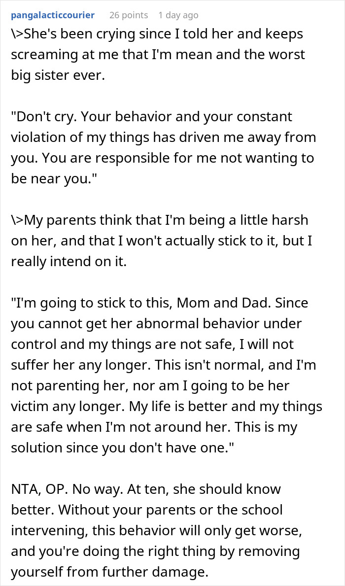 19YO Refuses To See Her 10YO Sis Who Keeps Destroying Her Stuff, Mad As Mom And Dad Push Back