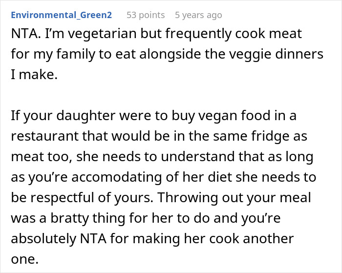 Comment defending mom for making vegan teen cook meat to teach a lesson about wasting food and respecting diets.