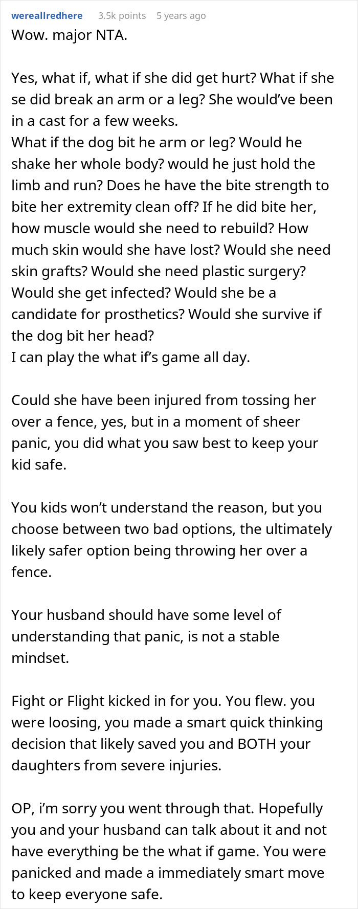 Wife protects twin girls by throwing them over fence while chased by aggressive dog in a quick safety decision.