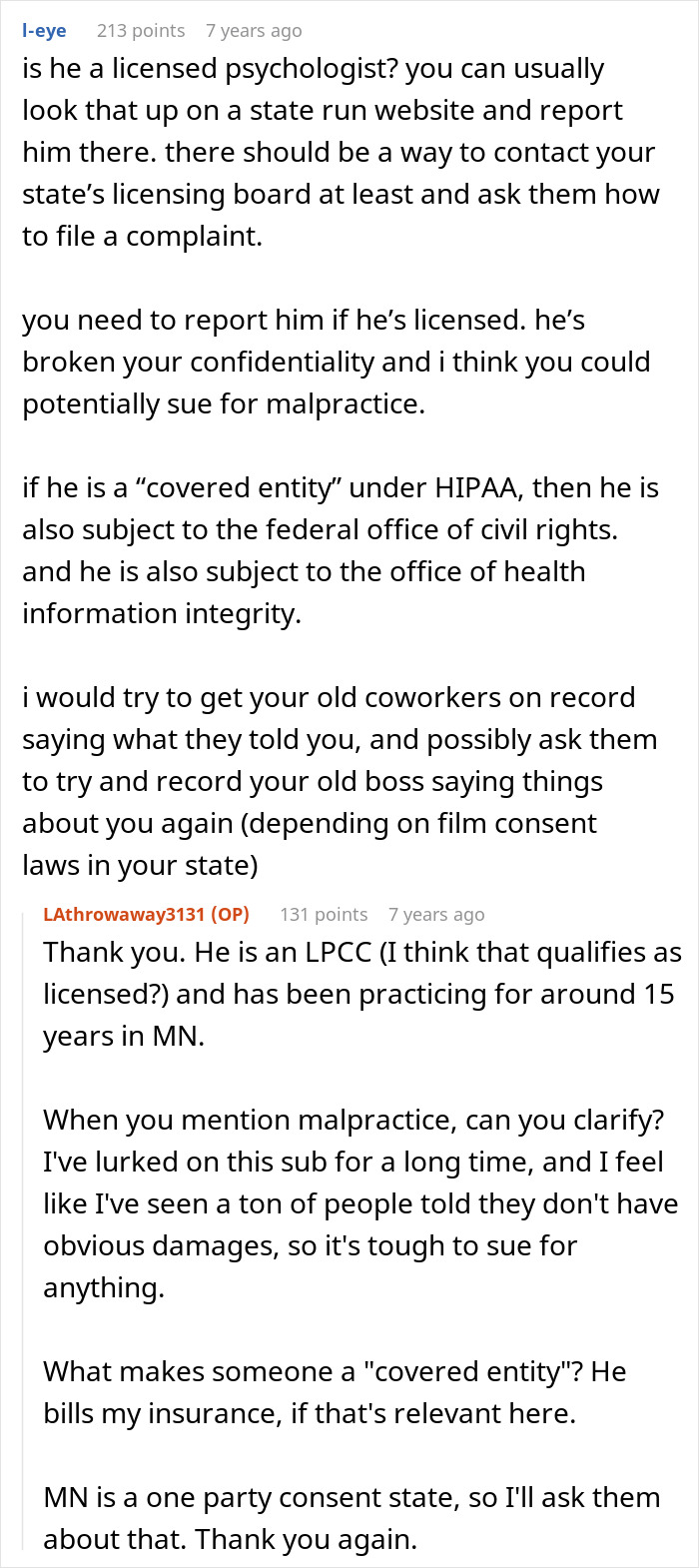 Reddit conversation discussing woman confused about coworkers knowing personal details and therapist confidentiality issues.