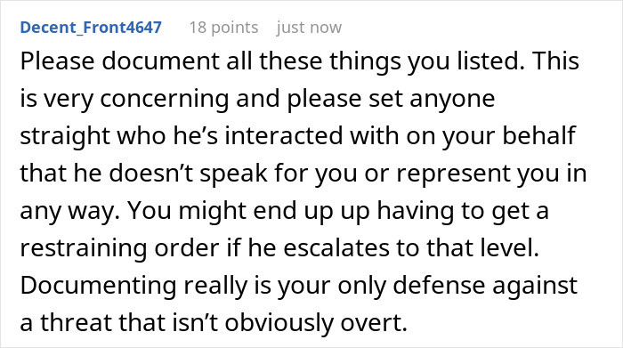 Screenshot of a forum comment advising to document incidents involving a helpful neighbor pretending to be a woman&rsquo;s caretaker.