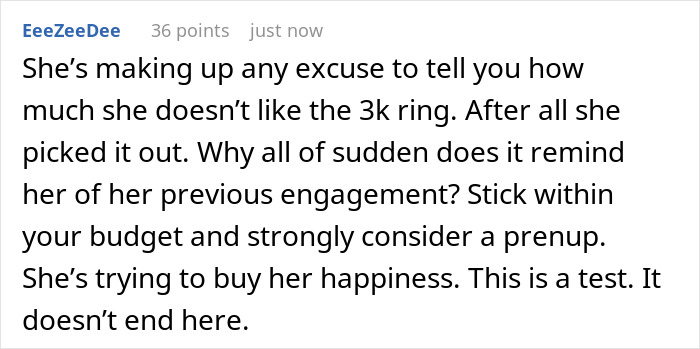 Alt text: User comment discussing a pricey woman&rsquo;s dream ring and its $18,000 price tag causing tension with fianc&eacute;.