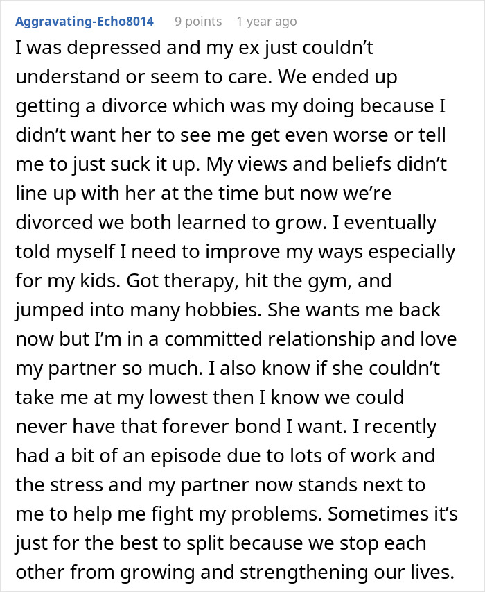 Comment reflecting on personal growth and healing after divorce, highlighting love and lessons in reconnecting with an ex.