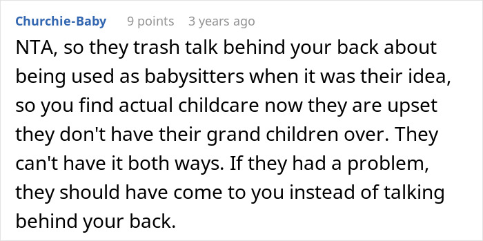 Comment discussing a dad stopping grandparents from babysitting after hearing their true feelings about childcare.