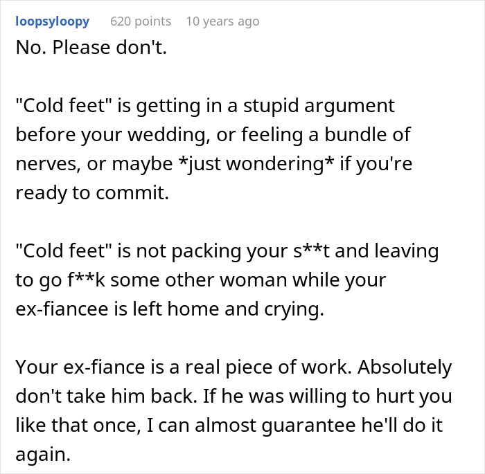 Text post showing a discussion about cold feet and regret after ditching fianc&eacute;e to chase the one that got away.