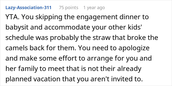 Comment on MIL plans a spite trip after son and DIL reject her, showing tension and need for apology to resolve family conflict.