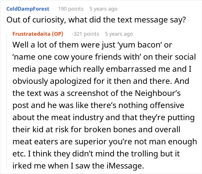 Online forum discussion showing a user explaining a text about vegan-hating husband causing conflict with daughter's friendship.