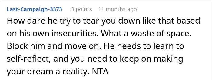 Screenshot of a comment condemning a man who dismisses his girlfriend&rsquo;s career milestone and accuses her of sleeping her way to success.