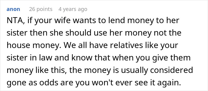 Comment discussing a man who discovers his wife secretly sent $2K to sister&rsquo;s pyramid scheme and gives her an ultimatum.