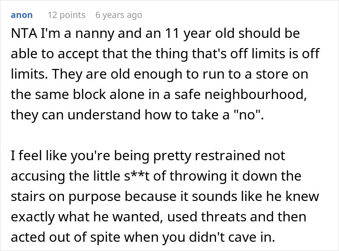 Comment discussing 11YO breaking aunt&rsquo;s PS4 and parenting views on setting boundaries and consequences.