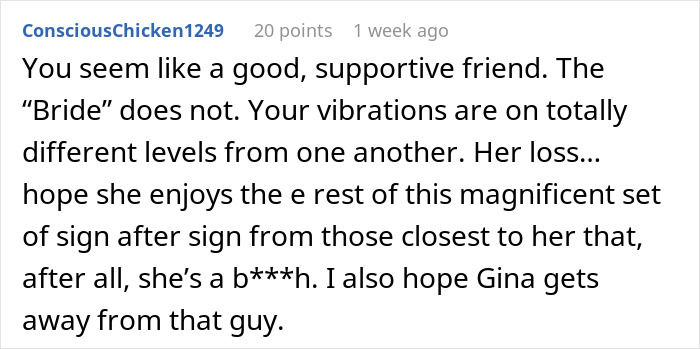 Alt text: Online comment discussing bride&rsquo;s obsession with control causing rifts in close friendships before wedding.