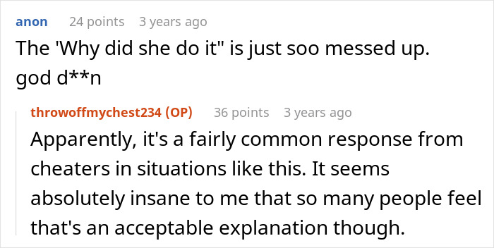 Alt text: Screenshot of a Reddit conversation discussing a woman admitting to cheating multiple times for variety and the husband's reaction.