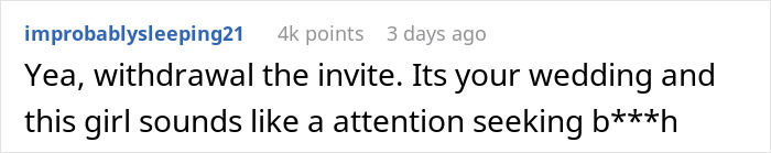 Screenshot of a Reddit comment discussing a woman wanting to wear a white dress to a wedding, causing tension.