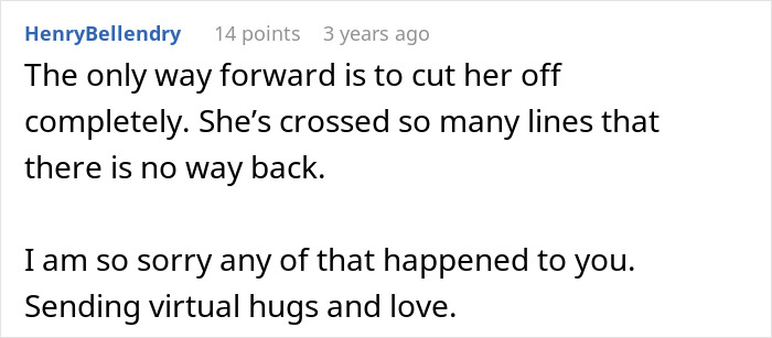 Reddit comment expressing support and advice to cut off a MIL after secretly DNA testing grandkid controversy.