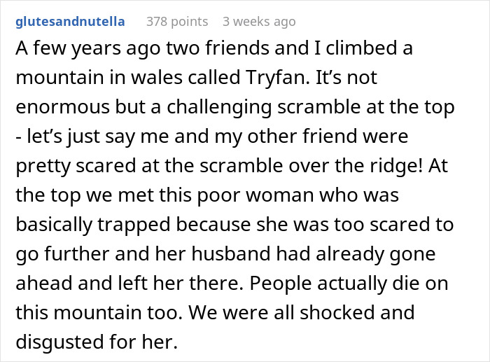Reddit text post sharing a personal story about men abandoning their partners during outdoor activities like mountain climbing.