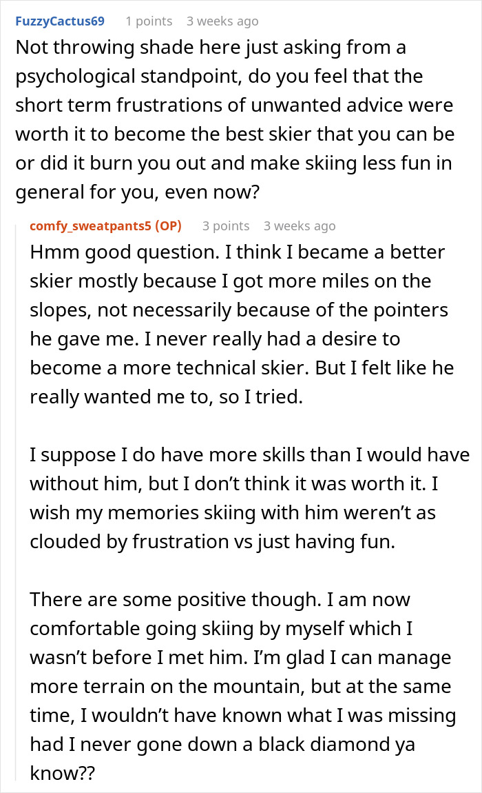 Reddit conversation discussing men abandoning partners during outdoor activities and its impact on skiing experience.