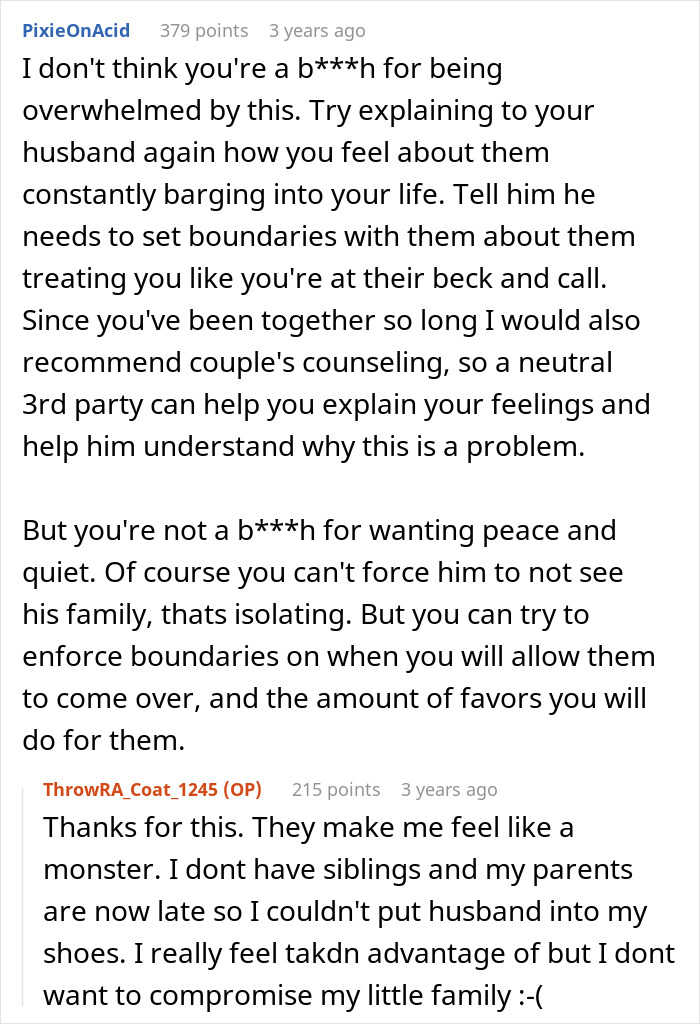 Reddit comments discussing a woman moving with family to escape in-laws, and her husband saying it was planned. Reddit comments discussing a woman moving with family to escape in-laws, and her husband saying it was planned.