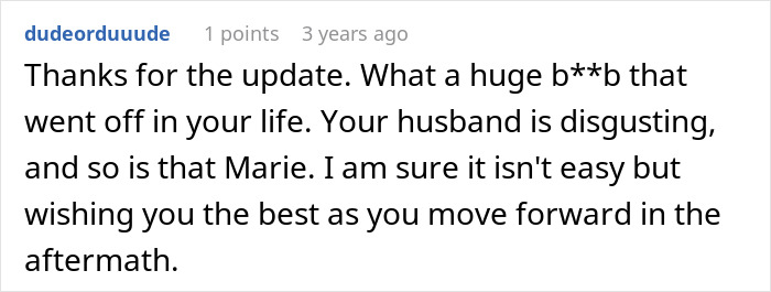 Comment criticizing a cheating husband, describing him as horrible and expressing sympathy for the wife&rsquo;s difficult situation.
