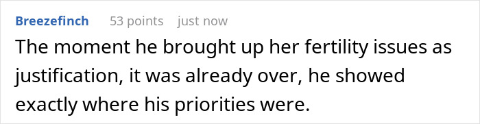 Comment discussing husband wanting to father his ex's child, revealing a dark and twisted secret.