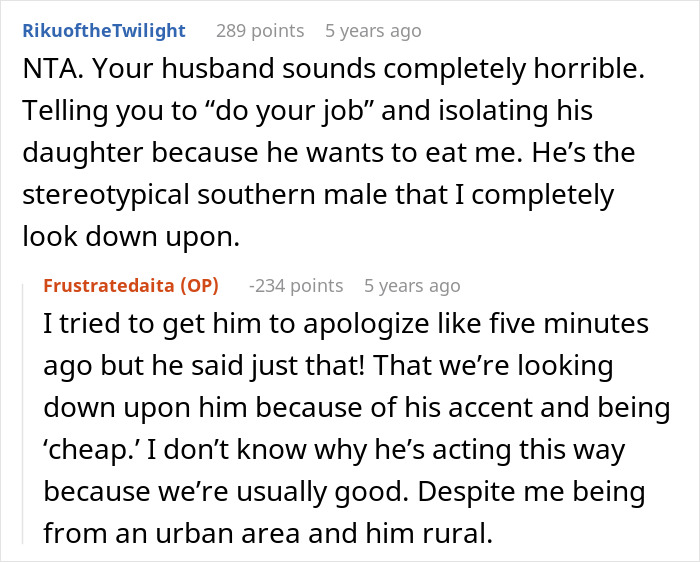 Screenshot of online forum discussion about a vegan-hating husband causing conflict in his daughter&rsquo;s friendship.