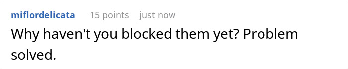 Comment text on a white background about blocking and solving problems related to harassment after a breakup.