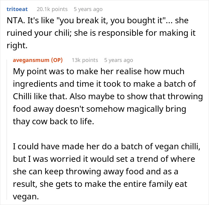 Reddit discussion about a vegan teen made to cook meat to teach a lesson on wasting food and responsibility.