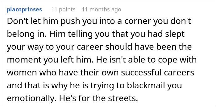 Alt text: Screenshot of a comment discussing a man accusing his girlfriend of sleeping her way to success and dismissing her career milestone.