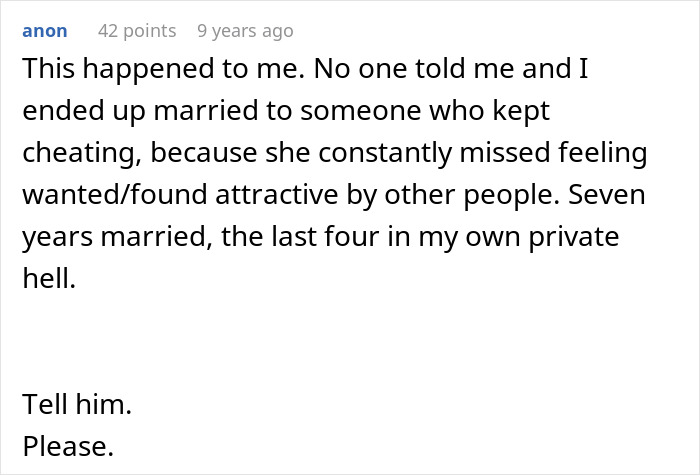 Commenter shares experience of being married to a cheater hiding one night stand, revealing emotional pain and betrayal.